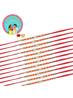 Accessher - Traditional Orange Beads Rakhi Pack of 12 for Him with Rice, Roli & Card