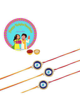 Accessher - Single Thread Evil Eye Rakhi Pack of 3 for Brother with Rice, Roli & Card