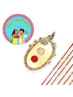 Accessher - Golden Pooja Thali Rakhi Set Pack of 6 for Brother with Rice, Roli & Card