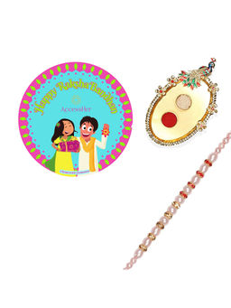 Accessher - Elegant Rakhi Set with Golden Pooja Thali, Rice Roli & Card for Brother