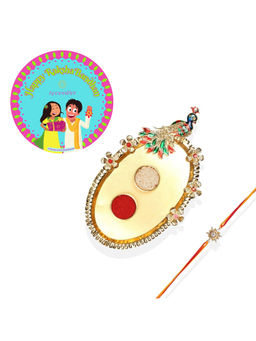 Accessher - Elegant Rakhi Set with Golden Pooja Thali, Rice Roli & Card for Brother