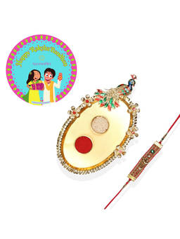 Accessher - Elegant Rakhi Set with Golden Pooja Thali, Rice Roli & Card for Brother