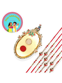 Accessher - Golden Pooja Thali Rakhi Set Pack of 6 for Brother with Rice, Roli & Card