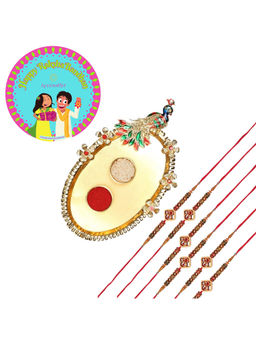 Accessher - Golden Pooja Thali Rakhi Set Pack of 6 for Brother with Rice, Roli & Card