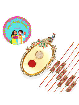 Accessher - Golden Pooja Thali Rakhi Set Pack of 6 for Brother with Rice, Roli & Card