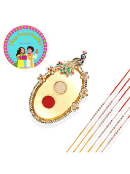 Accessher - Golden Pooja Thali Rakhi Set Pack of 6 for Brother with Rice, Roli & Card