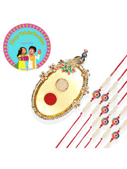 Accessher - Golden Pooja Thali Rakhi Set Pack of 6 for Brother with Rice, Roli & Card