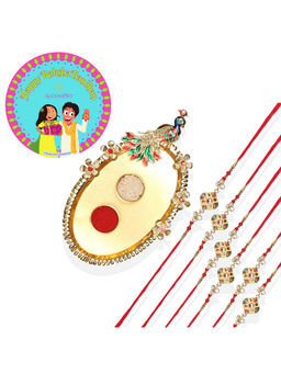 Accessher - Golden Pooja Thali Rakhi Set Pack of 6 for Brother with Rice, Roli & Card