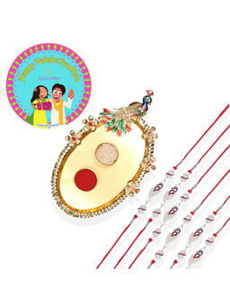 Accessher - Golden Pooja Thali Rakhi Set Pack of 6 for Brother with Rice, Roli & Card
