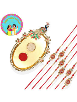Accessher - Golden Pooja Thali Rakhi Set Pack of 6 for Brother with Rice, Roli & Card