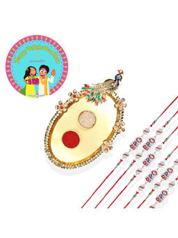 Accessher - Golden Pooja Thali Rakhi Set Pack of 6 for Brother with Rice, Roli & Card