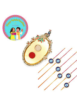 Accessher - Elegant Rakhi Pack of 6 with Acrylic Golden Pooja Thali, Rice Roli & Card
