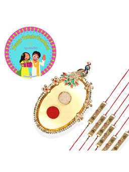 Accessher - Golden Pooja Thali Rakhi Set Pack of 6 with Roli, Rice & Card