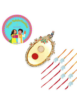 Accessher - Golden Pooja Thali Rakhi Set Pack of 6 with Roli, Rice & Card