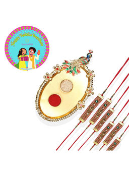 Accessher - Elegant Rakhi Pack of 6 with Golden Pooja Thali, Rice Roli & Card