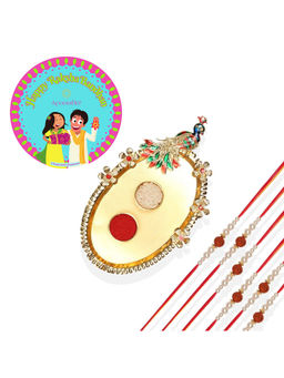 Accessher - Elegant Rakhi Pack of 6 with Golden Pooja Thali, Rice Roli & Card