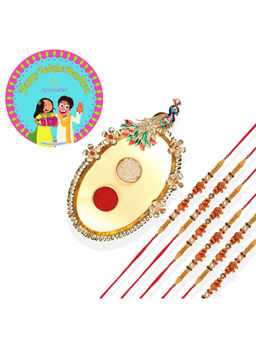 Accessher - Elegant Rakhi Pack of 6 with Golden Pooja Thali, Rice Roli & Card