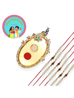 Accessher - Elegant Rakhi Pack of 6 with Golden Pooja Thali, Rice Roli & Card