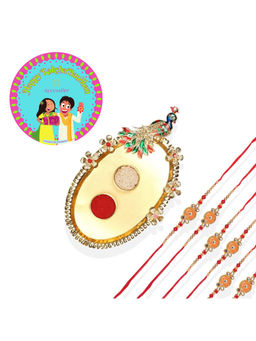 Accessher - Elegant Rakhi Pack of 6 with Golden Pooja Thali, Rice Roli & Card