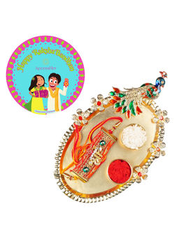Accessher - Religious Shri Inscribed Rakhi Set of 5 with Thali, Rice, Roli & Card