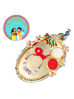 Accessher - Gift Set of 5 with Silver Rakhi, Peacock Thali, Rice, Roli & Card