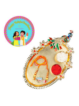 Accessher - Gift Set of 5 with Enamel Rakhi, Peacock Thali, Rice, Roli & Card