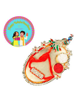 Accessher - Gift Set of 5 with Rhinestone Rakhi, Peacock Thali, Rice, Roli & Card