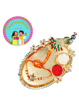 Accessher - Gift Set of 5 with Religious Om Rakhi, Peacock Thali, Rice, Roli & Card