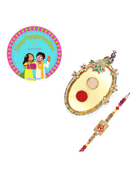 Accessher - Gift Set of 5 with Om Rakhi, Peacock Thali, Roli, Rice & Card