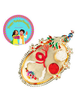 Accessher - Gift Set of 5 with Pearls Rakhi, Peacock Thali, Rice, Roli & Card