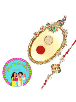 Accessher - Gift Set of 5 with Enamel Rakhi, Peacock Thali, Rice, Roli & Card