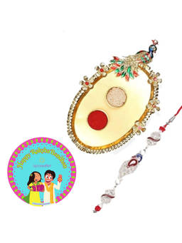 Accessher - Gift Set of 5 with Silver Rakhi, Peacock Thali, Rice, Roli & Card