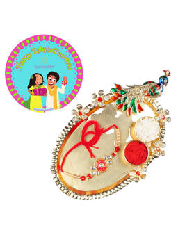 Accessher - Gift Set of 5 with Enamel Rakhi, Peacock Thali, Rice, Roli & Card