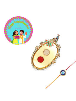 Accessher - Gift Set of 5 with Evil Eye Rakhi, Peacock Thali, Rice, Roli & Card