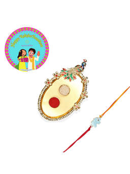 Accessher - Gift Set of 5 with Enamel Kids Rakhi, Peacock Thali, Rice, Roli & Card