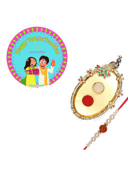 Accessher - Gift Set of 5 with Rudraksh Rakhi, Peacock Thali, Rice, Roli & Card
