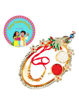 Accessher - Gift Set of 5 with Beads Rakhi, Peacock Thali, Rice, Roli & Card