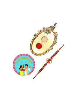 Accessher - Gift Set of 5 with Religious Om Rakhi, Peacock Thali, Roli, Rice & Card