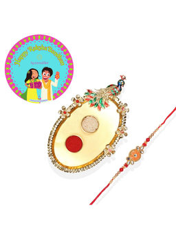 Accessher - Gift Set of 5 with Enamel Rakhi, Peacock Thali, Rice, Roli & Card