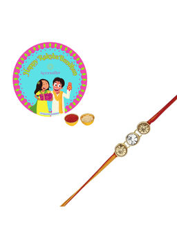 Accessher - Gold Brass Rhinestone Rakhi for Men and Women with Rice, Roli & Card