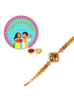 Accessher - Wooden Finish OM with Rudraksh Rakhi for Brother with Rice, Roli & Card