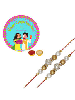 Accessher - Gold Color Pearls Rhinestone Rakhi Pack of 2 with Rice Roli & Card