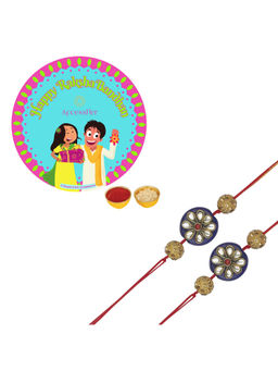 Accessher - Blue & Gold Color Bead Kundan Rakhi Pack of 2 with Rice Roli & Card