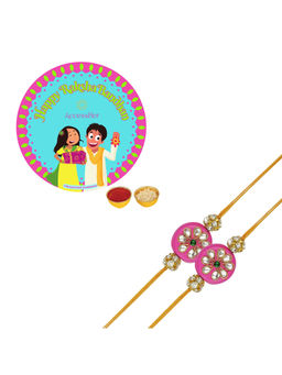 Accessher - Pink & Gold Color Bead Kundan Rakhi Pack of 2 with Rice Roli & Card