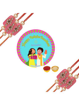 Accessher - Pink Kundan Latest Rakhi for Brother Pack of 3 with Rice Roli & Card