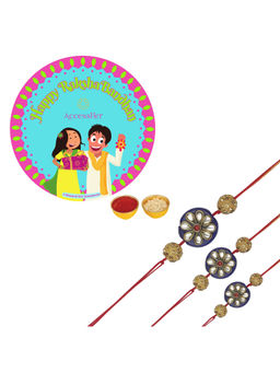 Accessher - Blue & Gold Color Bead Kundan Rakhi Pack of 3 with Rice Roli & Card