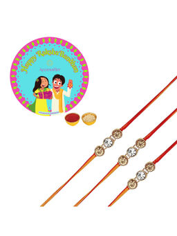 Accessher - Gold Color Brass Rhinestone Rakhi Pack of 3 with Rice Roli & Card