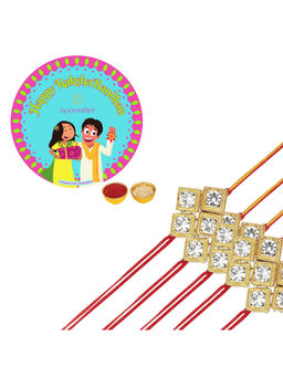 Accessher - Gold Color Brass Rhinestone Rakhi Pack of 5 with Rice Roli & Card