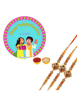 Accessher - Wooden OM Rakhi Pack of 3 for Brother Rice Roli & Card