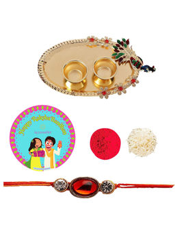 Accessher - Elegant Rakhi Set with Golden Pooja Thali, Rice Roli & Card for Both